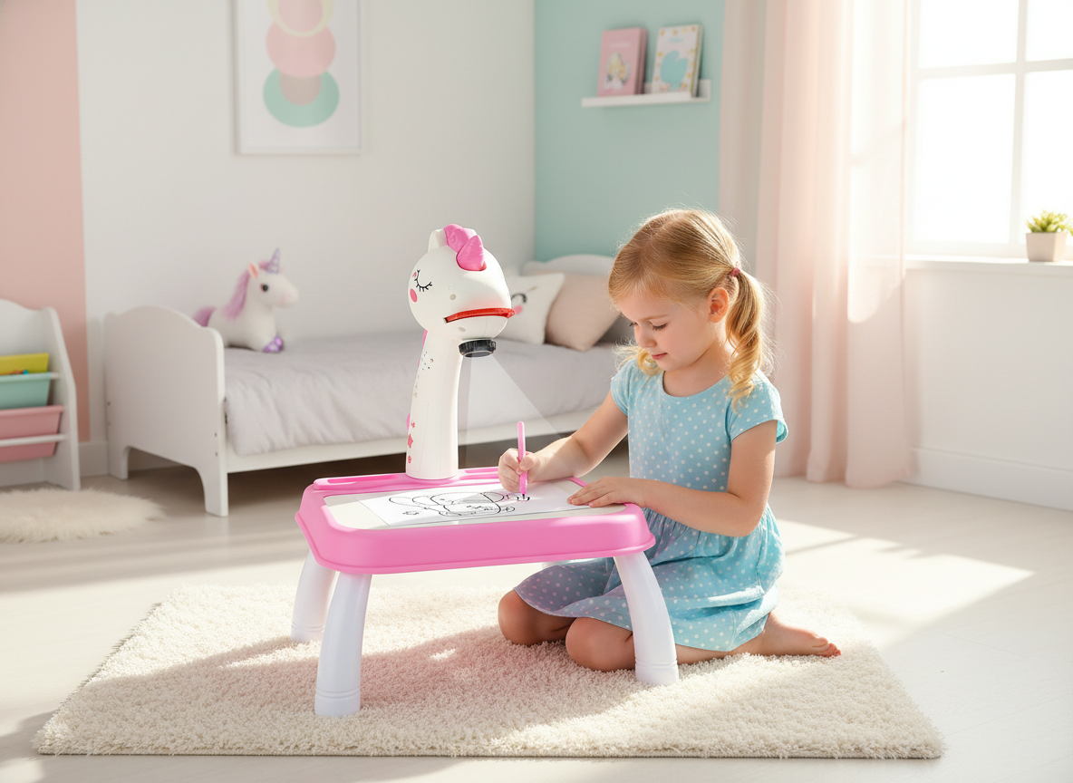 Fille utilisant la table licorne