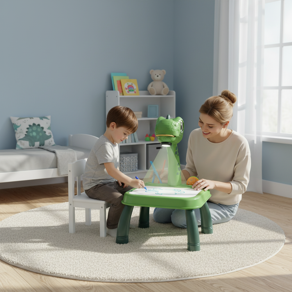 Garçon et parent avec la table dinosaure