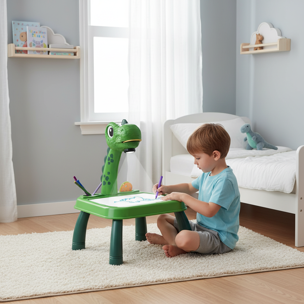 Garçon utilisant la table dinosaure